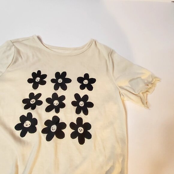 Cat & Jack L 10/12 Girls Beige T-Shirt With Black Smiley Flowers Print - Picture 4 of 7